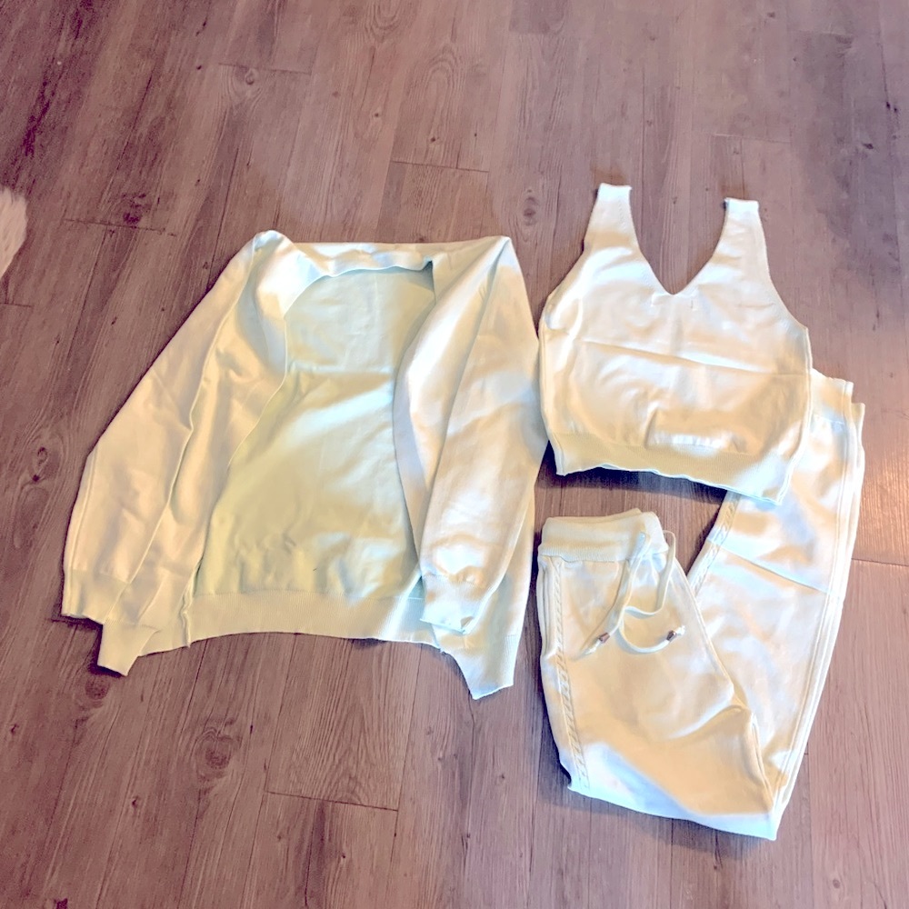 Cardigan and tank set with matching joggers.
